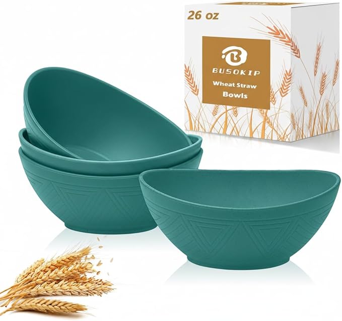 Wheat Straw Cereal Bowls Set of 4, Plastic Bowls Reusable 26 OZ, Unbreakable Bowl for Kitchen, Salad, Fruit, Cereal, Popcorn, Dishwasher and Microwave Safe Serving Bowl for Camping - Green