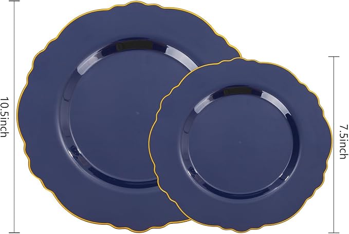 WDF 100pcs Blue Plastic Plates - Baroque Blue&Gold Disposable Plates for Parties/Wedding-50Plastic Dinner Plates 10.25in, 50Salad Plates 7.5in for Party/Birthday/Wedding
