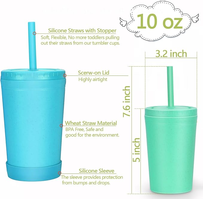 Homestockplus 10 Oz Wheat Straw Reusable Cups with Lids & Silicone Straws | Anti-slip Kids & Family Safe Drinking Cup for Milk, Juice, Smoothies | Dishwasher Microwave Safe -Easy Clean For Daily use
