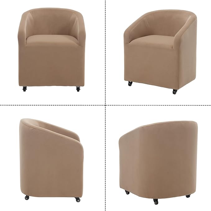 Modern Barrel Dining Chairs with Rolling Casters Set of 6, Upholstered Velvet Swivel Dining Room Chairs with Wheels for Kitchen Living Room Home Office, Khaki