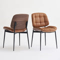 Mid Century Modern Dining Chairs with Walnut Grain Back, Brown Faux Leather Dining Room Chairs Set of 2, Checkered Soft Cushion Kitchen Chairs with Adjustable Foot Pads