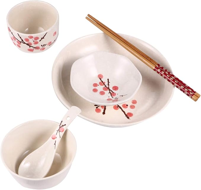 Hemoton Japanese Tableware Set for Single Person - 7-Piece Ceramic Dinnerware with Bowl Plate Cup Spoon and Chopsticks Floral Design Practical Household Tableware 7.08X7.08X1.18 Inches