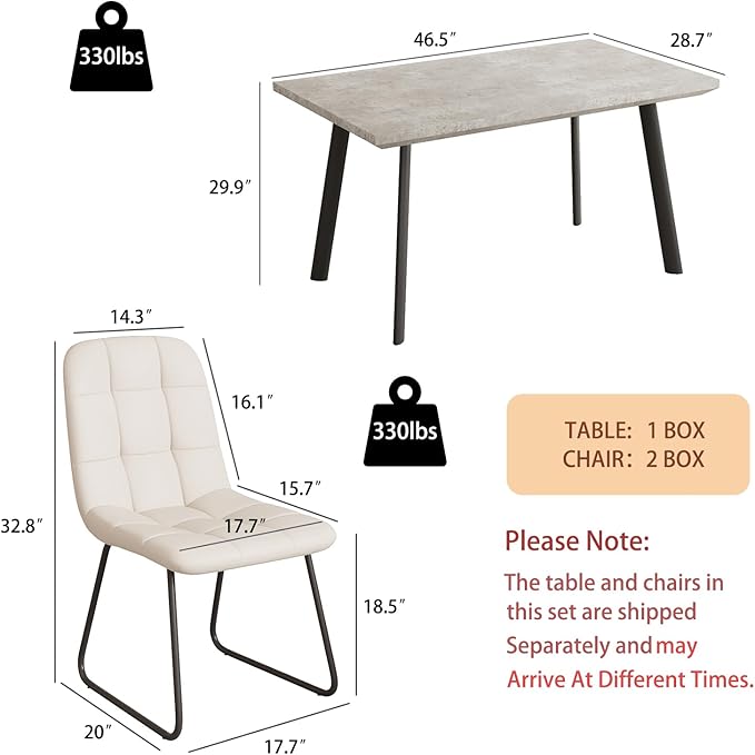 ZckyCine 46.5" Modern Grey Dining Table Set for Small Spaces, 5-Piece Set with Rectangular Table & 4 Padded Leather Chairs, Compact, Sturdy & Easy to Assemble (Table + 4 White Dining Chairs, 46.5")