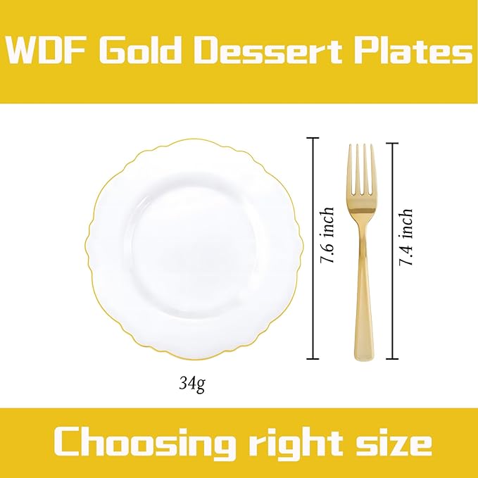 WDF 60pcs Gold Dessert Plates-7.5inch Baroque White and Gold Small Plastic Plates/Disposable Dessert/Salad/Appetizer Plastic Plate for Upscale Bridal Shower/Wedding/Birthday