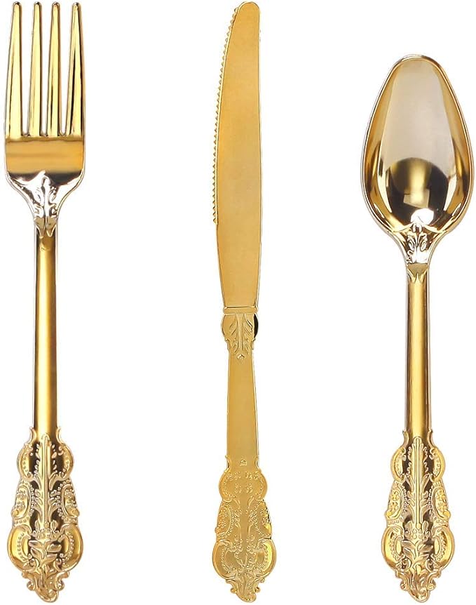 WDF 300 Pieces Gold Plastic Silverware Disposable - Heavy Duty Plastic Cutlery - Gold Silverware Sets Includes 100 Forks, 100 Spoons, 100 Knives for Valentine's Day