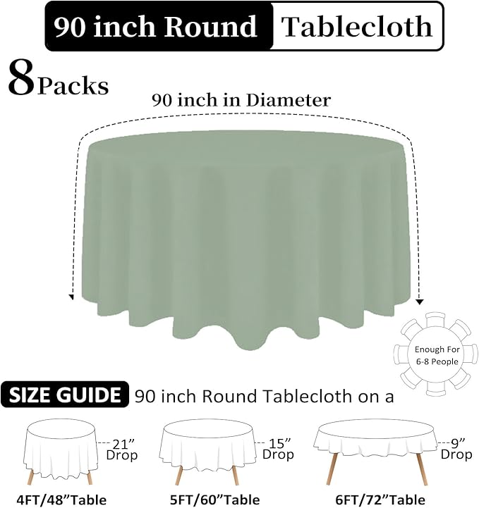 8 Pack Sage Green Round Tablecloth 90 Inch Stain and Wrinkle Resistant Round Sage Green Table Cloth Reusable and Washable Polyester Fabric Table Covers for Buffet Wedding Party and Banquet