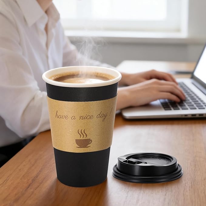 500 pack 12 oz Disposable Coffee Cups with Lids,To Go Coffee Cups for Home, Office, Cafes and Party (Black 16oz)