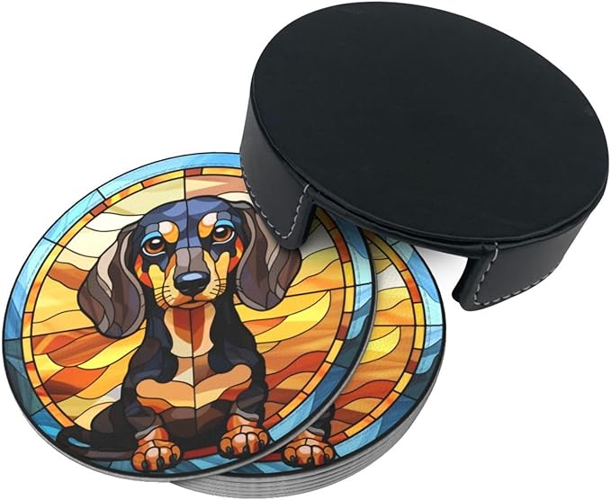 Drink Coaster Set of 6, Dachshund Dog Mom Lover Gift,Leather Drink Coasters with Holder,6 Pack Cup/Bar/Drink Coasters for Table/Drinks/Coffee Protection Housewarming Gift