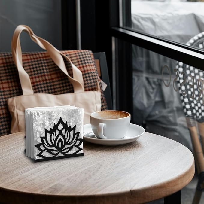 Lotus Flower Decorative Black Metal Napkin Holder for Table, 5.3" x 4.1" x 2" Floral Standing Napkin Holder for Home Kitchen Restaurant Picnic Party Coffee Bar Dining Room