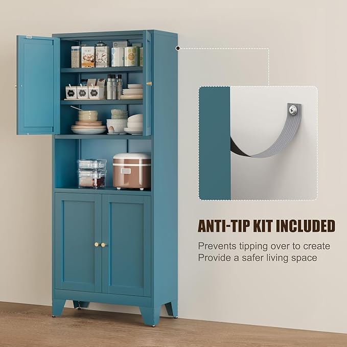 Metal Pantry Storage Cabinet, 69" Tall Storoge Cabinet with 4 Doors & 3 Adjustable Shelves, Microwave Stand with Storage for Kitchen, Dining Room, Living Room (1PC,Blue)