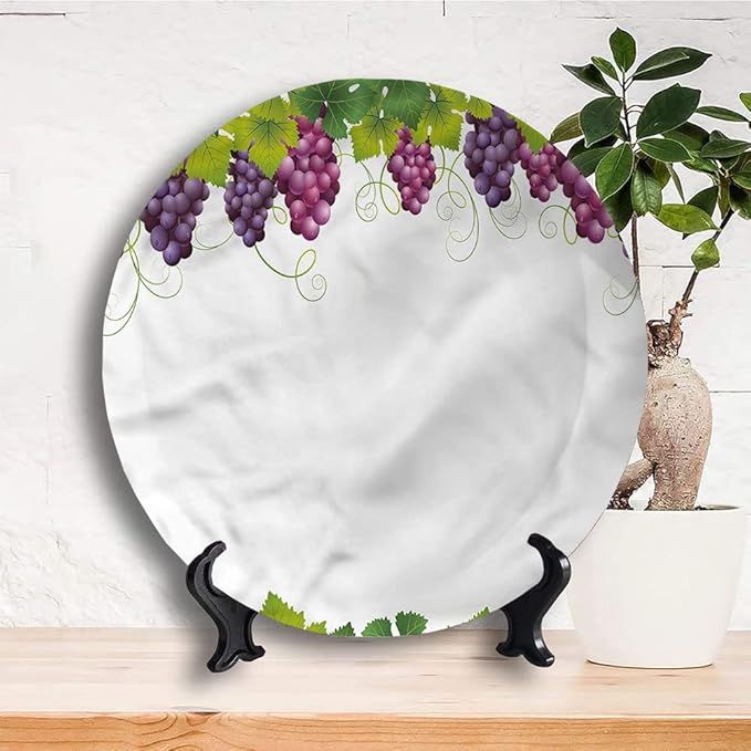 Ceramic Display Plate, Vineyard Ceramic Hanging Decorative Plate, Leaves and Ripe Grapes, 8 Inch, Living Room Kitchen Decoration Household, Multicolor