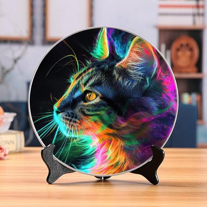 10 Inch Psychedelic cat Colors Decorative Ceramic Plates with Display Stand Ideal for Household Wall Hanging and Decor DP-073411664