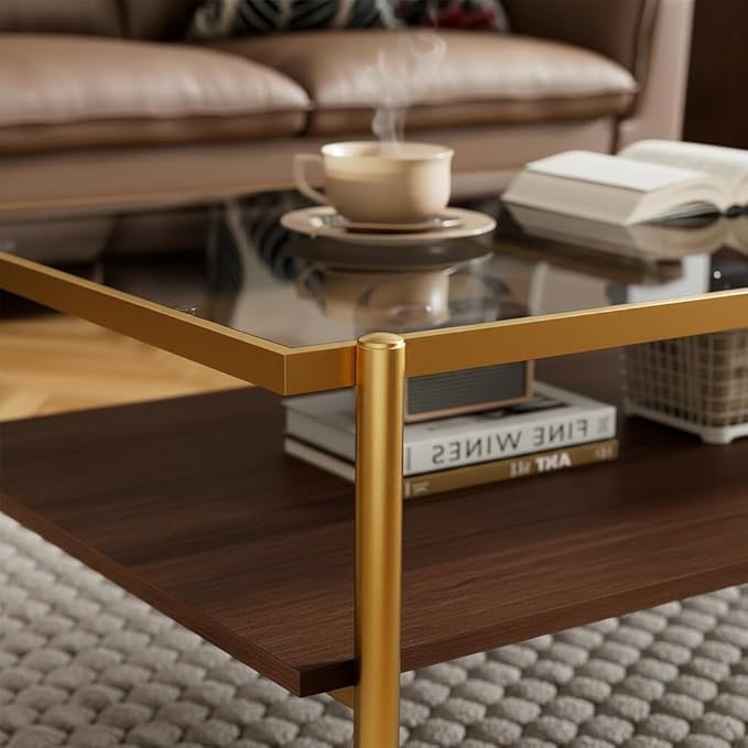 Mid Century Modern 2-Tier Coffee Table with Gray Tempered Glass Top & Wood Storage Shelf – Space-Saving Center Table for Living Room, Apartment & Small Spaces (Golden)