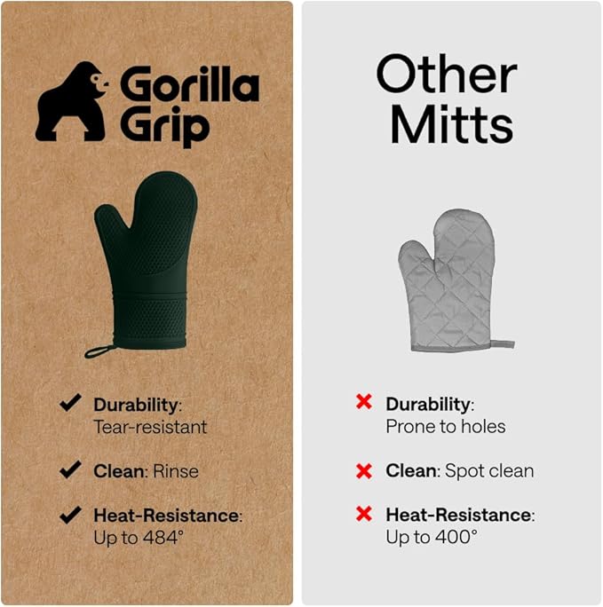 GORILLA GRIP BPA-Free Soft Silicone Oven Mitts, 14.5x8.3, Heat Resistant and Waterproof Cooking Gloves, Thick Cotton Lining, Flexible Gripping for Baking Grilling, Kitchen Potholders Set, Hunter Green