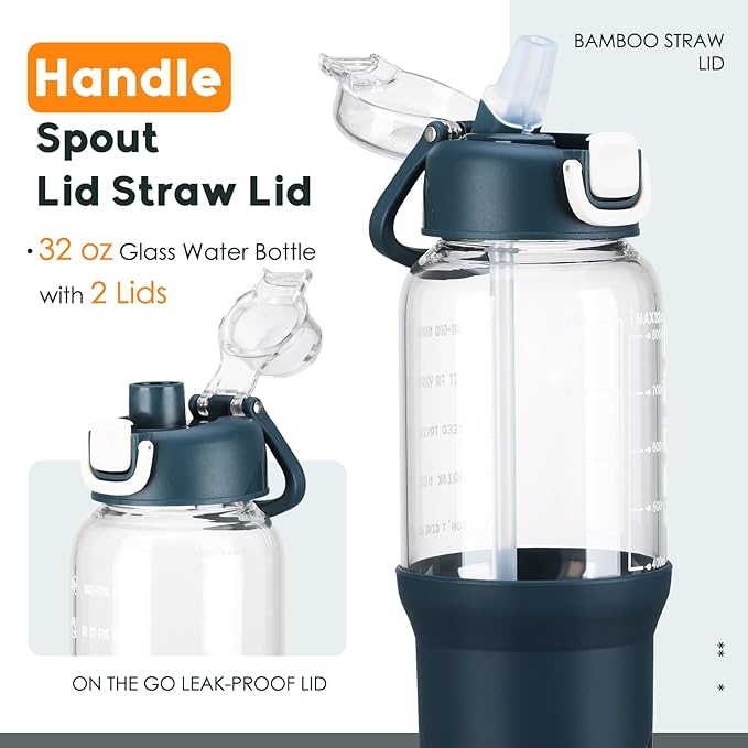 SIEROZUR 32 oz Glass Tumbler with Straw, Glass Water Bottles with 2 Lids-Handle Spout Lid & Straw Lid, 1 Liter Motivational Water Bottles, Silicone Sleeve, Fits Car Cup Holder,Dark Blue