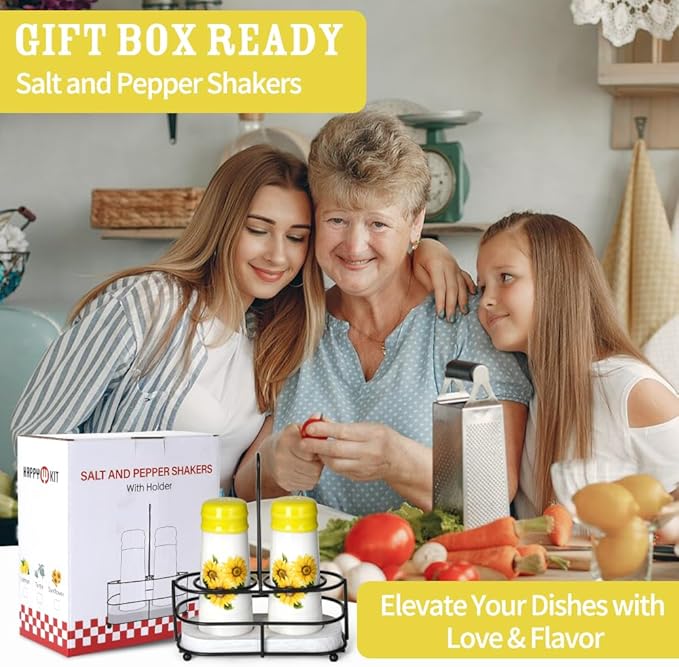 Salt and Pepper Shakers - Farmhouse Sunflower Salt and Pepper Shakers Set with Metal Holder & Refill Funnel, Countryside Dining Accessories for Cottage Homes & Outdoor Picnics (Gift Box Ready)