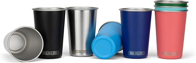 Real Deal Steel Stainless Steel 16 oz Pint Cups Stackable Single Wall Tumblers, Eco Friendly Premium Metal Drinking Glasses (Stainless Steel)