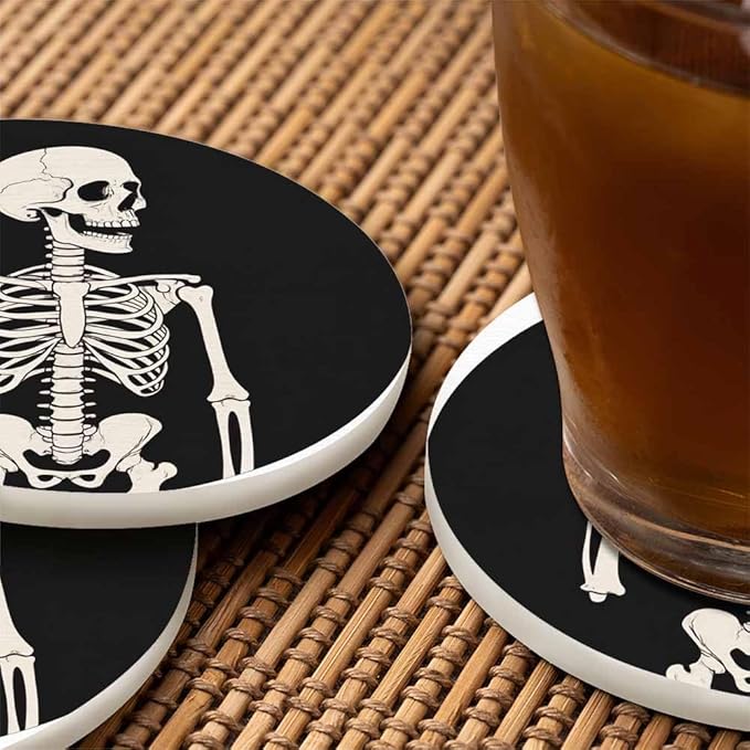 Human Skeleton Posing Drink Coaster for Tabletop Protection Happy Skeleton Rock Skull Non-Slip Cups Place Mats Home Decor Diatomite Material for Men Women