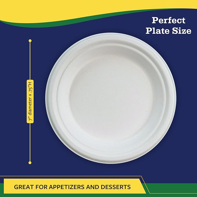 7” Compostable Plates, 125-Pack | Biodegradable Sugarcane | Sturdy, Microwave-Safe Disposable Plates for Parties & Events
