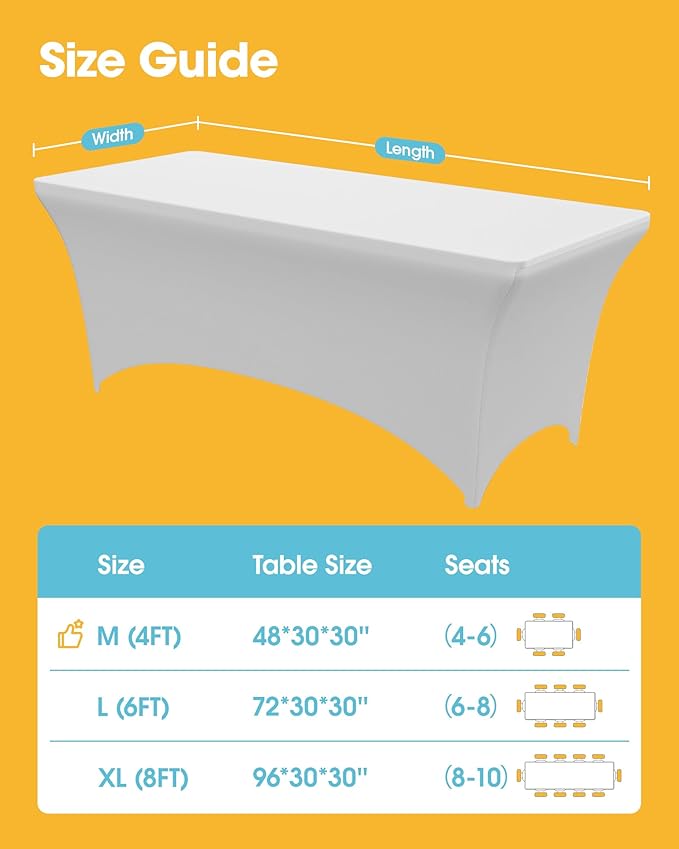 4-Pack White Spandex Tablecloths – 48"x30"x30" Stretch Fitted Table Covers for 4ft Rectangle Folding Tables, Wrinkle-Resistant Tablecloth for Wedding, Banquet & Outdoor Events