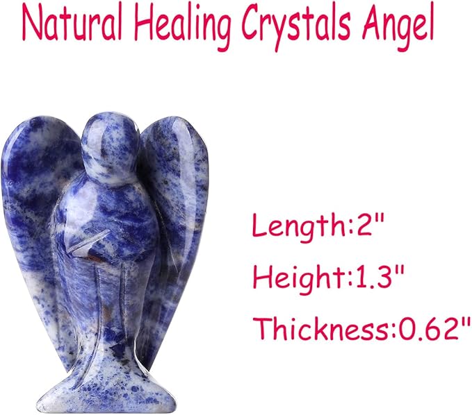 2" Crystal Angel Decor Blue Solidate Healing Polished Gift Stone Sculpture Statue Hand Carved Cute Figurines Gemstone Reiki Home Room Office Desk Decoration Guardian Angels Gifts for Women Men