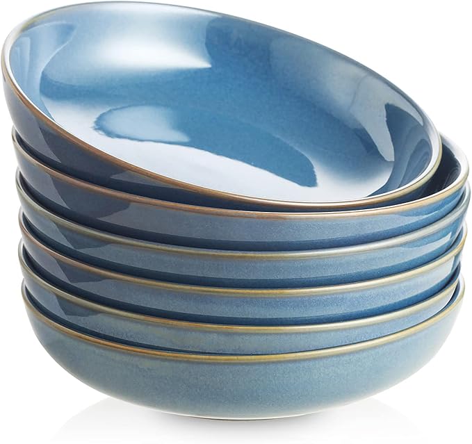 Selamica Ceramic 8 inch Pasta Bowls, 26 Ounce Large Serving Bowl Porcelain Salad Bowls, Dishwasher Microwave Safe, Set of 6(Ceylon Blue)
