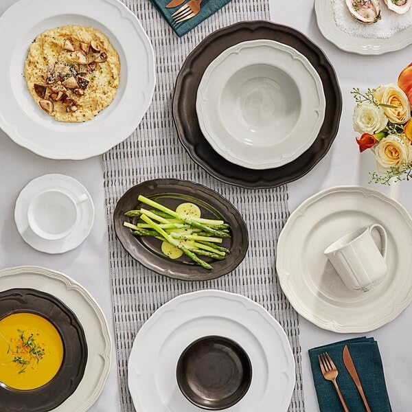 Condesa Pearl White Porcelain Dinner Plate, 12 Inch Round, Scalloped Wide Rim, Embossed, Dishwasher Safe, Microwave Safe, 12 Per Case