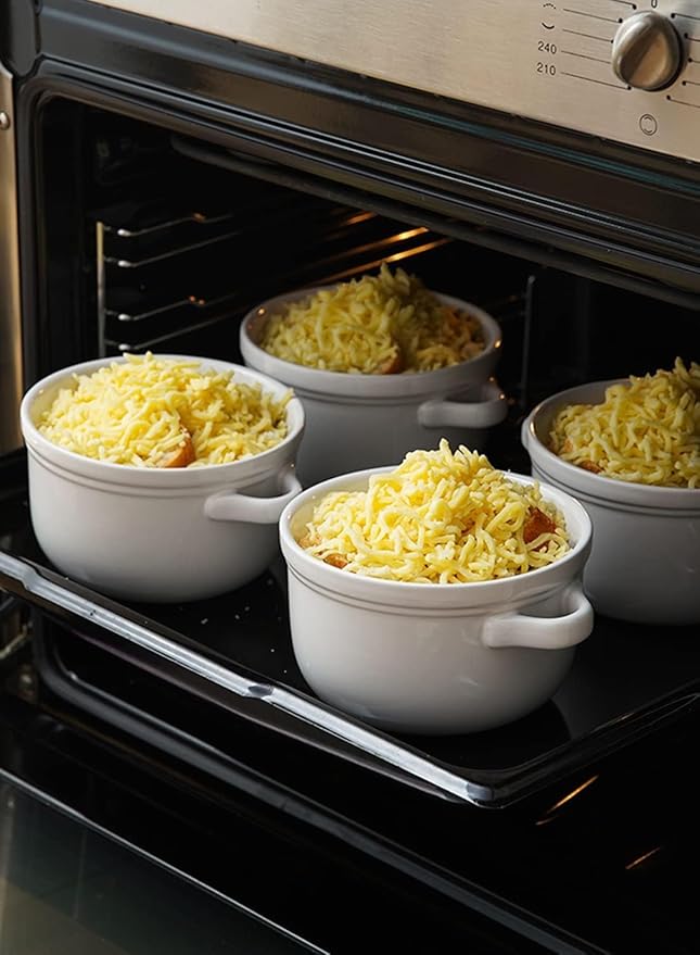LE TAUCI Soup Bowls With Handles 28 oz and Silicone Lids, French Onion Soup Bowl for Chili, Beef Stew, Cereal, Ceramic Soup Crocks oven Safe, Microwave Dishwasher Safe - 5.5 inch, Set of 4, White