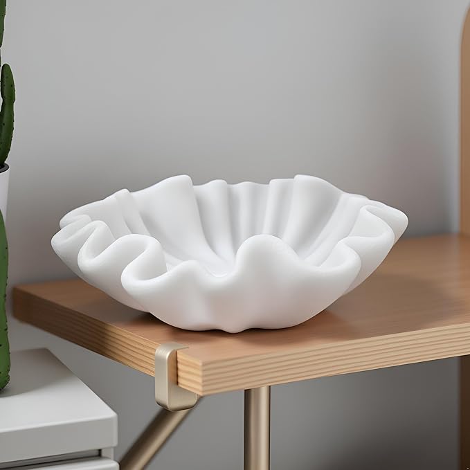 10" Large Handmade Decorative Bowl decor , Handicraft Scalloped Bowls for Modern Home Decor,Ruffle Decor,Key Bowl for Entry Table,Decorative Fruit Bowl for Kitchen Counter,Artificial Stone Milky White