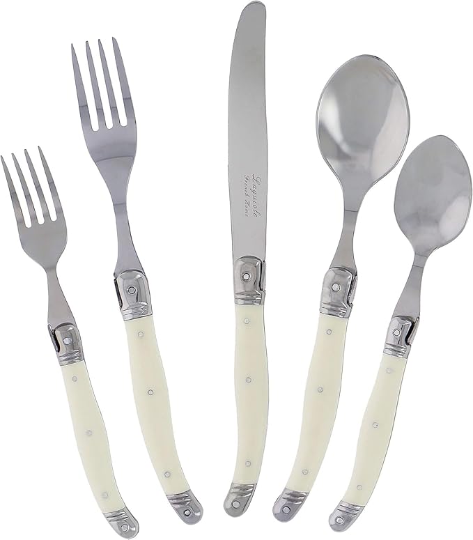 French Home Laguiole 20 Piece Flatware Set – Stainless Steel Flatware Set for 4 – Luxurious Ivory-Colored Utensil Set with Knives, Spoons and Forks