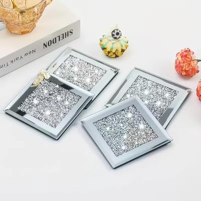 Crushed Diamond Crystal Glass Mirrored Square Coasters Set of 4 Glittering Bling Silver TRENDZY ® Drink Wine Coasters for Home Kitchen Bar & Restaurant Home Decor Birthday Wedding (Square)
