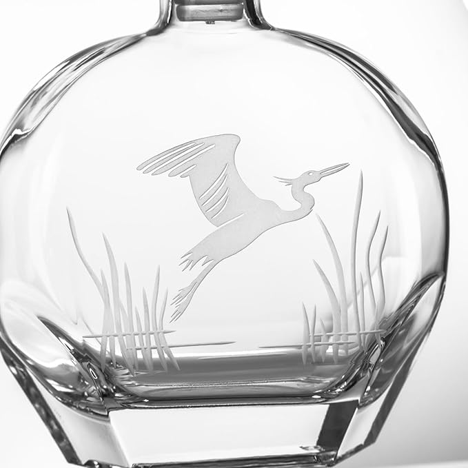 Rolf Glass Heron 3pc Whiskey Decanter Set with 2 On the Rocks Glasses and Airtight Stopper | Elegant Lead-Free Glass for Bourbon, Scotch, Liquor | Engraved in the USA | 23oz Decanter, 11oz Glasses
