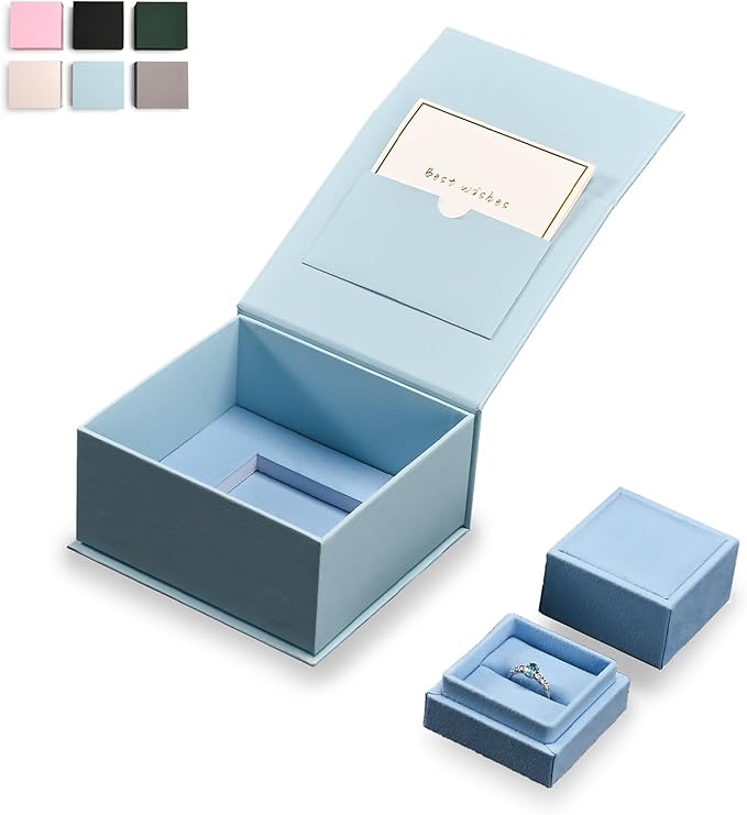 Oirlv Ring Gift Box with Lid Magnetic Boxes for Wedding Proposal Gift Birthday Present with Card(Blue)