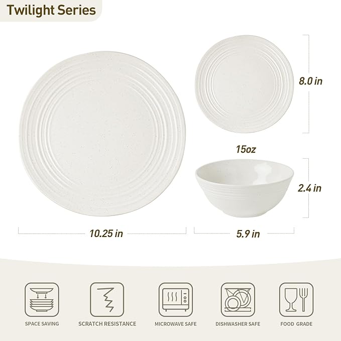 Famiware Plates and Bowls Sets 18-Piece Stoneware Dinnerware Sets, Dishes Set for 6, Hand-made Reactive Glaze Dish Set, Twilight Series, White