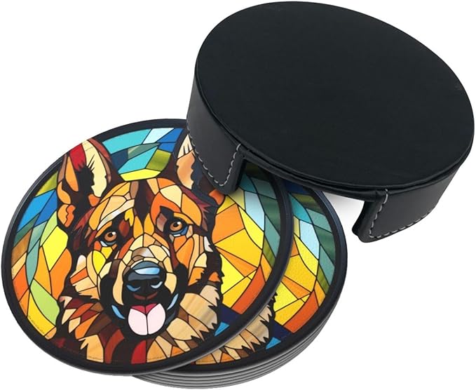 Drink Coaster Set of 6, German Shepherd Dog Mom Lover Gift,Leather Drink Coasters with Holder,6 Pack Cup/Bar/Drink Coasters for Table/Drinks/Coffee Protection Housewarming Gift