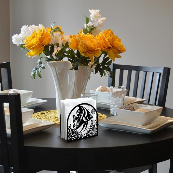 Tropical Fish Decorative Black Metal Napkin Holder for Table, 4.9" x 4.9" x 1.9" Standing Napkin Holder for Home Kitchen Restaurant Picnic Party Coffee Bar Dining Room