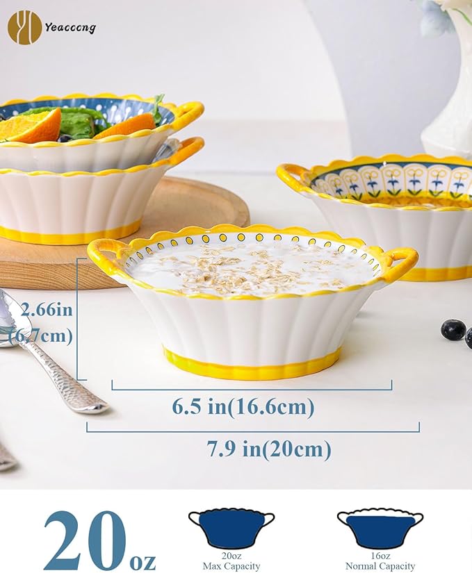 Yeacccng Soup Bowls with Handles, 20 Oz French Onion Soup Bowls Set of 4, Ceramic Soup Bowl for Kitchen, Oven/Microwave Bowls, 6.5 Inch Ceramic Soup Crocks, Cute Bowls, Scratch-Resistant, Lead-Free