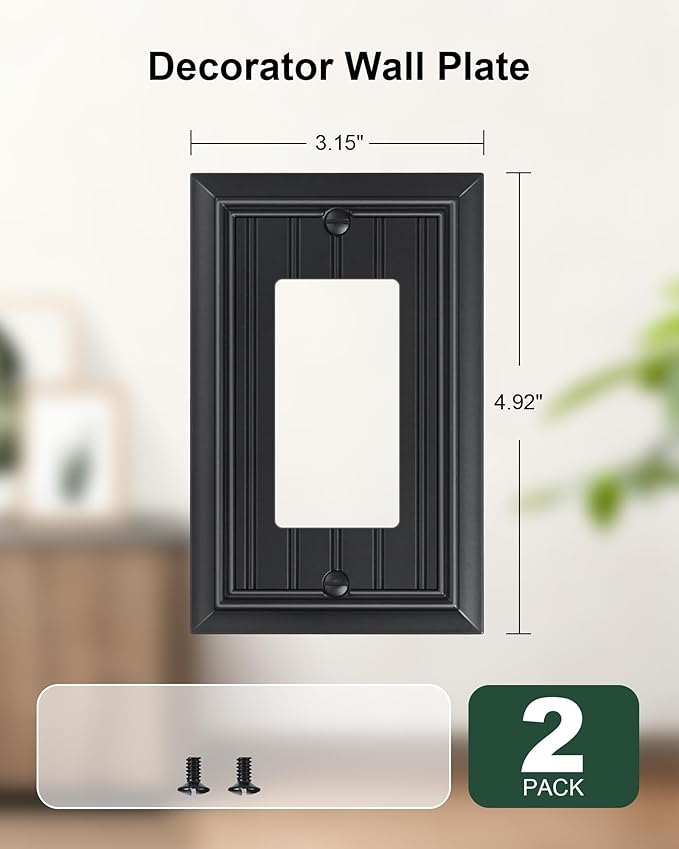 2-Pack Classic Beadboard Decorator Wall Plate Cover, Black Decorative Switch Plates and Outlet Covers, Durable Natural Bamboo Fiber Wall Plates for Electrical Outlets, Receptacle, GFCI Outlet