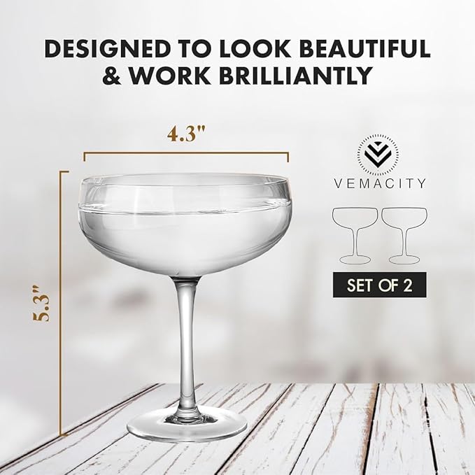 VEMACITY - Elegant Handblown Coupe Cocktail Glasses Set of 2 (10oz) - Crystal Espresso Martini Glasses, Champagne Saucers - Vintage Glassware | Wedding Gift | Ideal for Martinis and Margaritas