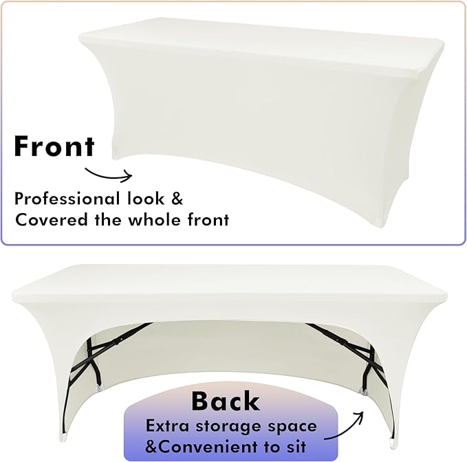 Nasitos 2 Pack Spandex Fitted Tablecloth for 4 Foot Tables-Open Back Folding Table Cover Washable Fabric Stretch, Tight and Wrinkle Resistant Table Protector for Trade Show, Craft Show, Events, Ivory