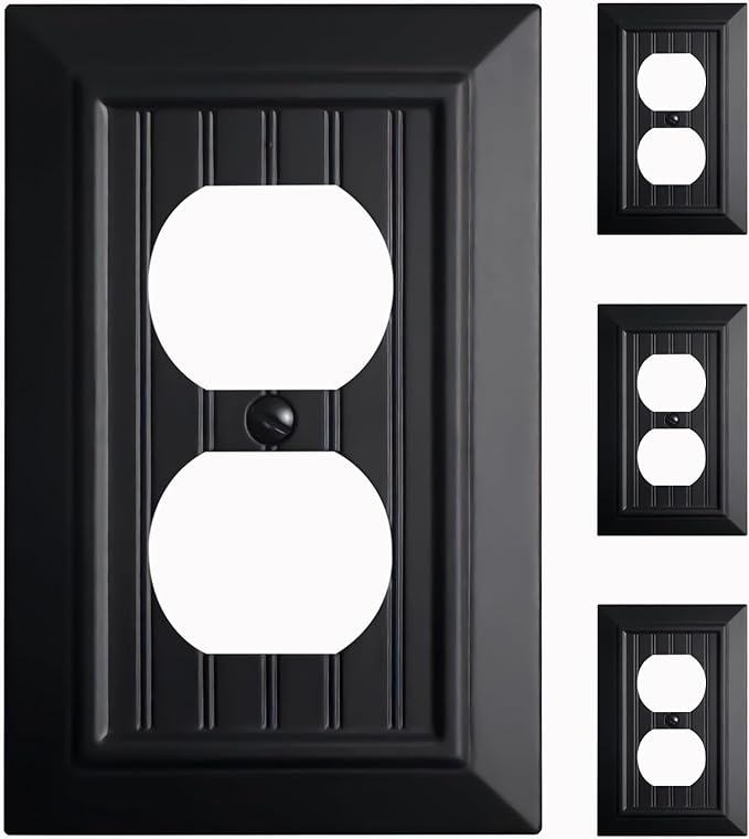 Beadboard Outlet Covers Wall Plates, Bamboo Fiber Light Switch Covers, Natural Material Electric Receptacle Decorative Switch Plate Outlet Cover Matte Black (1 Gang Duplex 4 Pack)