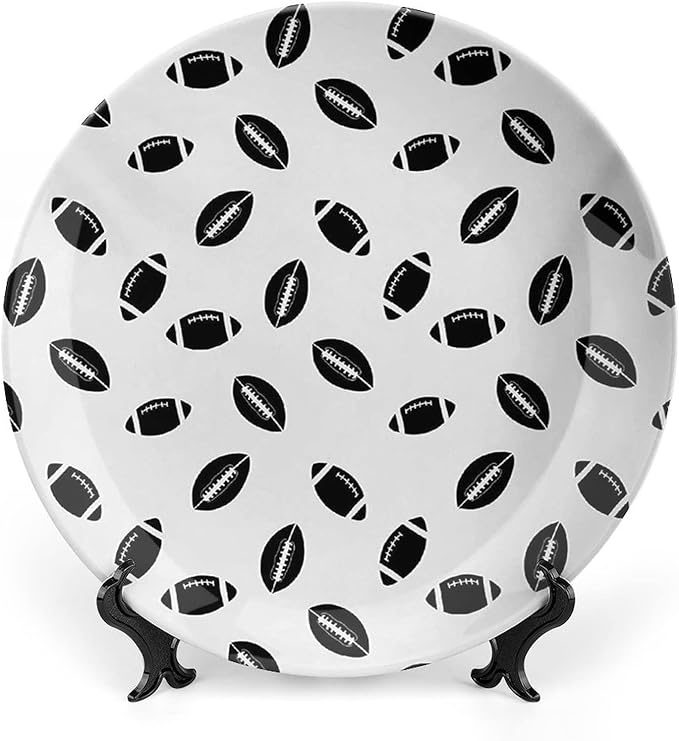 Ceramic Plates, American Football Decorative Ceramic Plates, Monochrome Pattern Black Rugby Balls Sports, 6 Inch, for Dining, Parties, Wedding, Black White