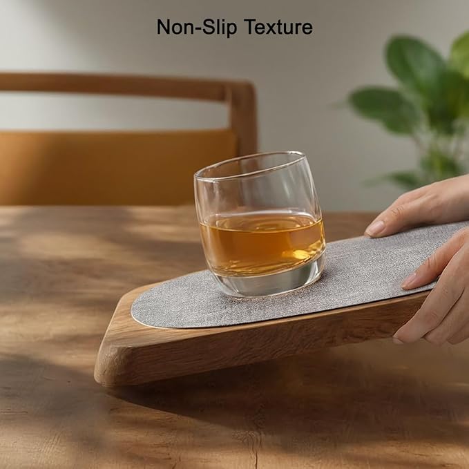 Placemats and Coasters, Washable Placemats Round Faux Leather Wipeable Place Mats Non Slip Heat Resistant Indoor Outdoor Table Mats (Set of 4, Light Gray Navy Blue)