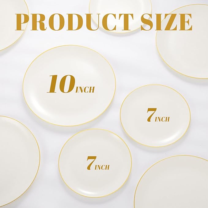 bUCLA 200PCS Ivory Plastic Plates with Gold Rim - Heavy Duty Cream Disposable Include 100 Dinner 10 inch & 100 Dessert 7 inch Plates, Ideal for Party & Wedding