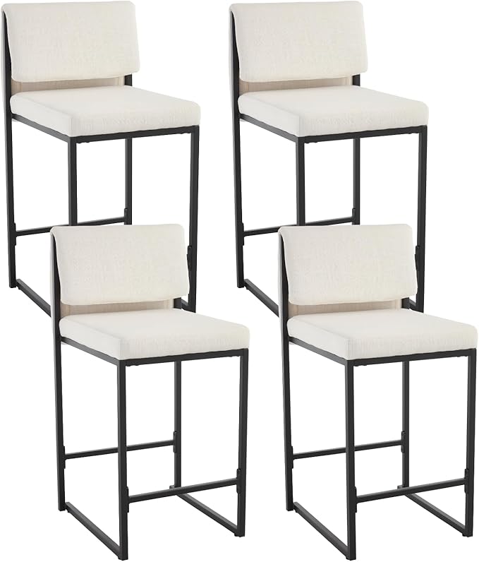 Modern Barstools Set of 4, 26” Upholstered Counter Height Bar Stools Linen Fabric Counter Stools with Padded Back Metal Frame for Kitchen Island Dining Room, Beige