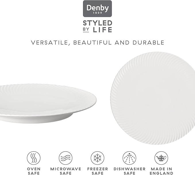 Denby - Arc White Porcelain Medium Plates Set of 6-9 Inch Glazed, Dishwasher Microwave Oven Safe - Scratch Chip Resistant Lunch, Appetizer, Dessert Plates - Dinnerware Plate Set