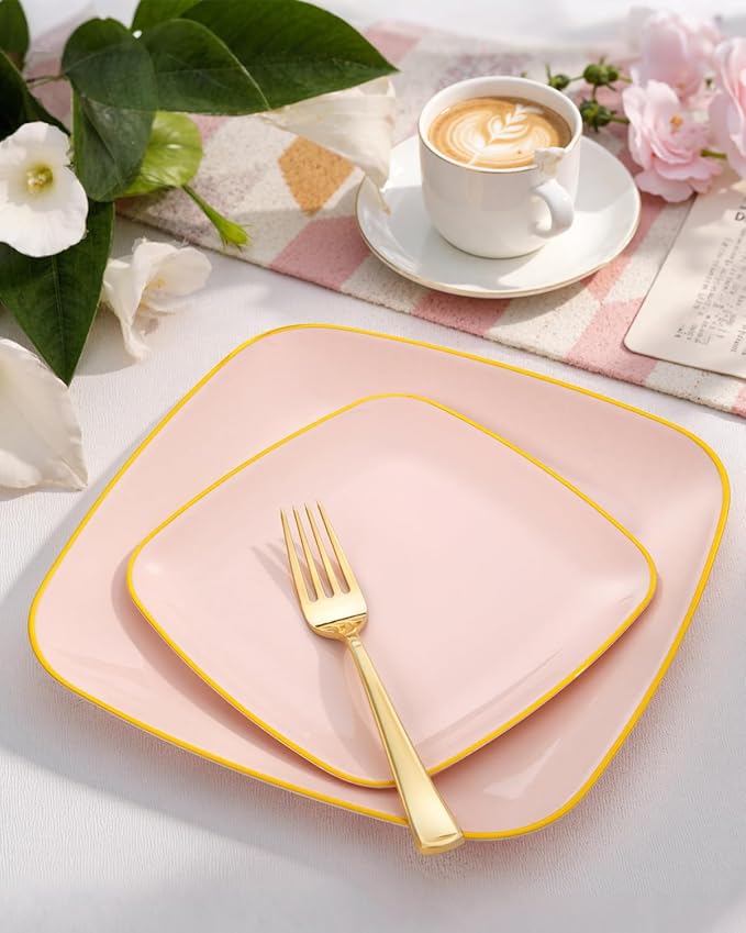 bUCLA 100PCS Pink Plastic Plates - Heavy Duty Square Pink and Gold Disposable - Include 50 Dinner 10 inch & 50 Dessert 7.25 inch Plates for Party & Valentines Day
