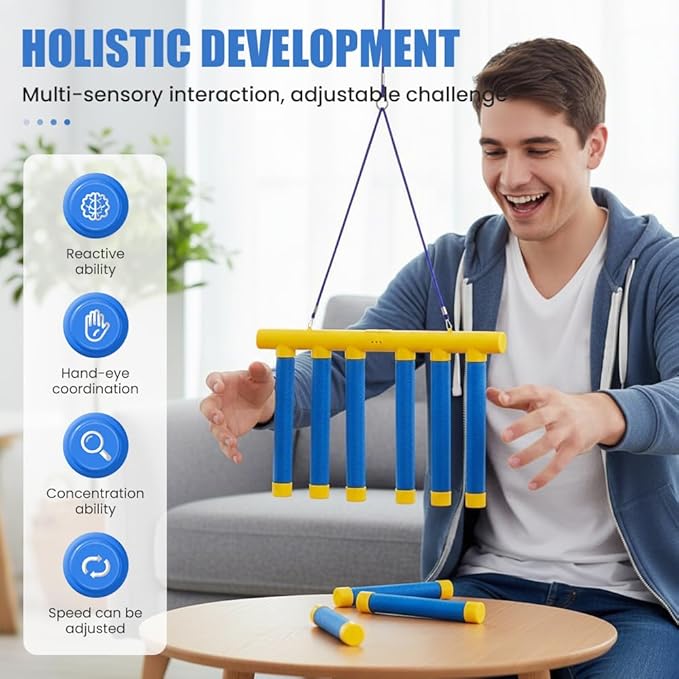 Reflective Drop Stick Challenge Game, Hand Eye Coordination Reflex Training Toy, 3 Adjustable Speed Modes, Catching Sticks Game for All Ages (Yellow)