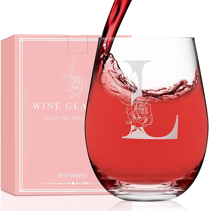 Valentines Day Gifts for Her, Gifts for Women Her Friend Mom Grandma Wife Sister Bridesmaid Nurse, Birthday Galentines Mothers Day Christmas, Personalized Initial Customized Wine Glasses 18OZ(L)