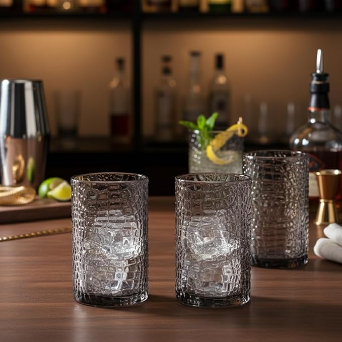 Glaver's Highball Glasses Set of 4 Smoke Drinking Glasses, 15 Ounce Crackle Textured Newly Designed Patent Glassware Heavy Bar Home Party Decor Black Kitchen Glasses, Water Juice Cocktails